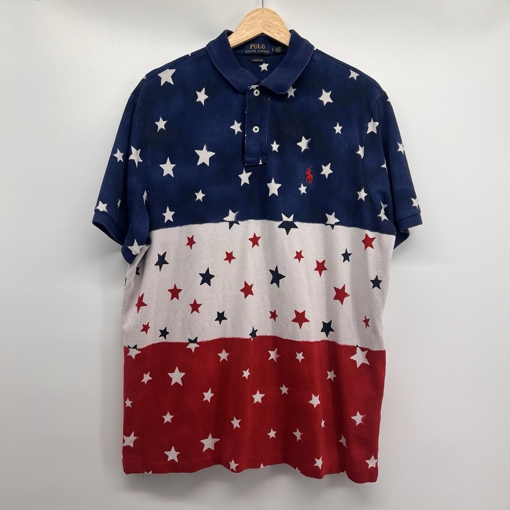 Polo Ralph Lauren Shirt Mens Large Red Blue White USA Americana Star Mesh Polo